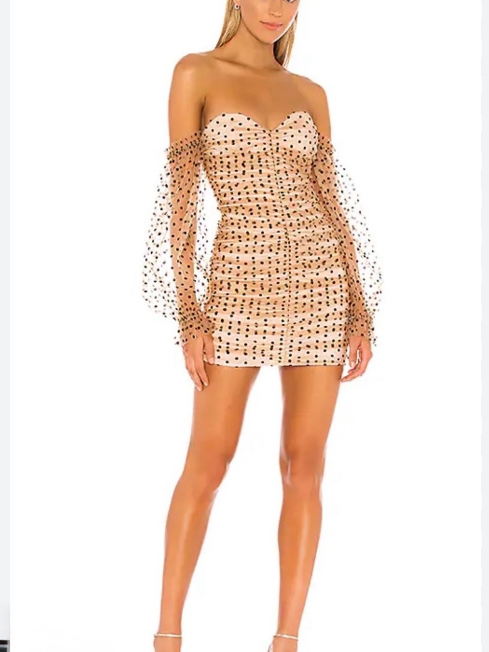 MAJORELLE Nude Mini Dress with Black Polka-Dot Mesh Sleeves